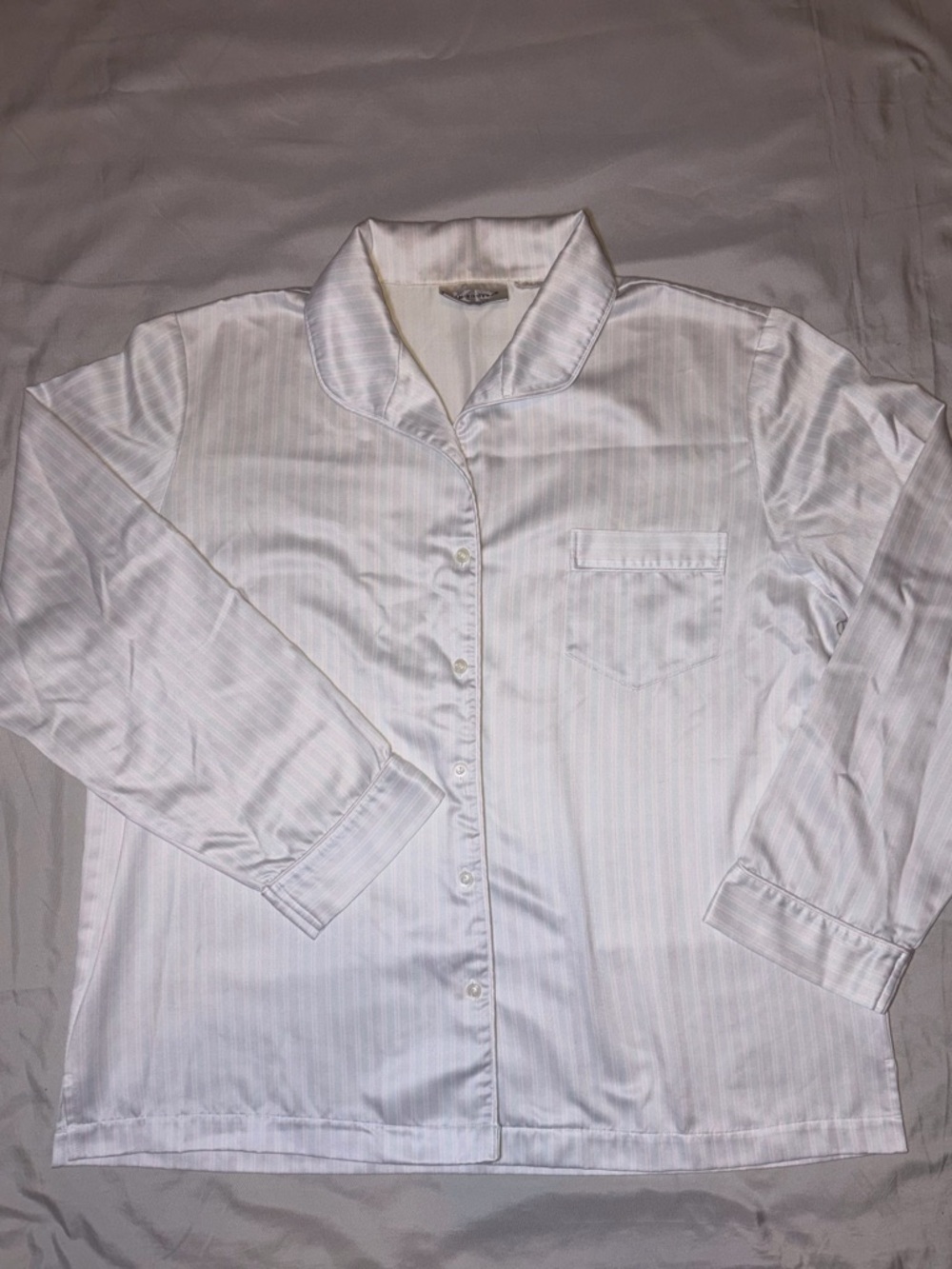 VINTAGE Kim Rogers White Satin Pajama Top with Subtle Pink and Blue Stripe